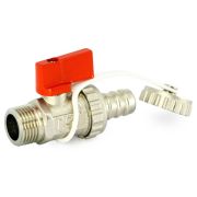 Кран Uni-Fitt шаровой НН 3/8«x3/4» сливной со штуцером, заглушка, флажок красный металл, никель